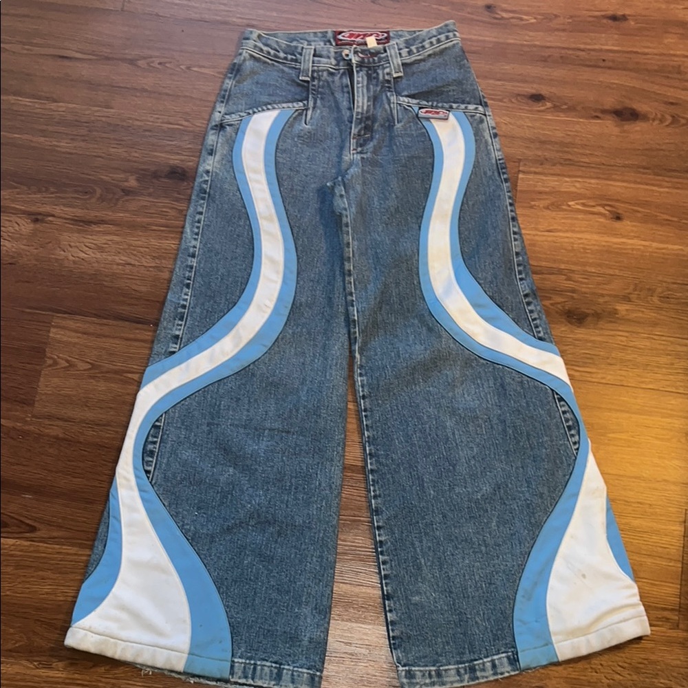 JNCO Blue and White Flare Jeans